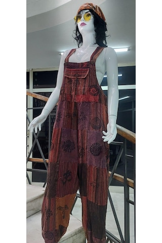 Hint Otantik Yıkamalı Taşlanmış Kahve Tonlu Şalvar Tulum Çok Renkli