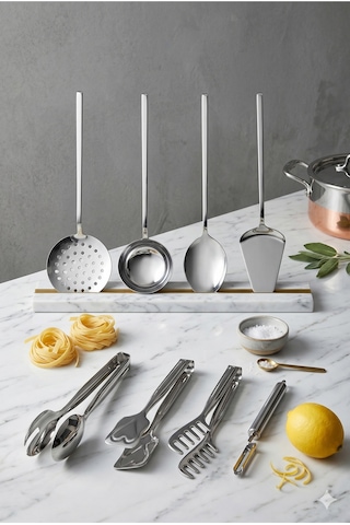8 Parça Paslanmaz Çelik Mutfak Seti Spatula Maşa Kepçe Yan Soyacak Servis Aletleri Çeyiz Seti