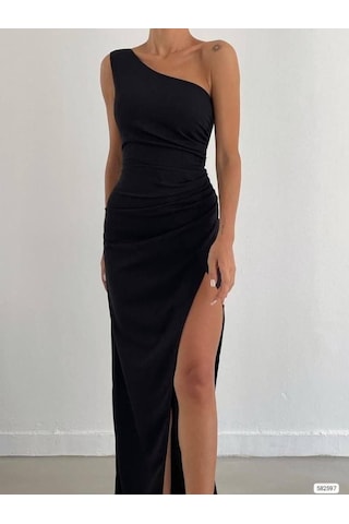 Kadın Dalgıç Krep Kumaş Tek Omuz Yırtmaç Detaylı Maxi Boy Elbise Çok Renkli