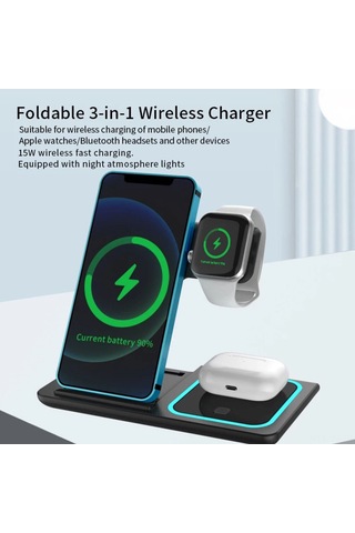 Jeemson 3-in-1 Çevirilebilir Kablosuz Şarj Aleti: İphone, İwatch Ve Airpods İçin 15w Hızlı Şarj, Işıklı Ambiyans Ve Çoklu Güvenlik Koruması