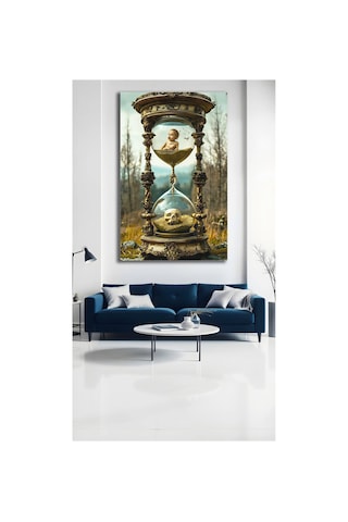 Zamanın Gizemi Cam Tablo Kum Saati Ve Yaşam Ölüm Temalı Sürrealist Dekoratif Duvar Tablosu Vintage Gold Premium Salon Ve Ofis Dekoru