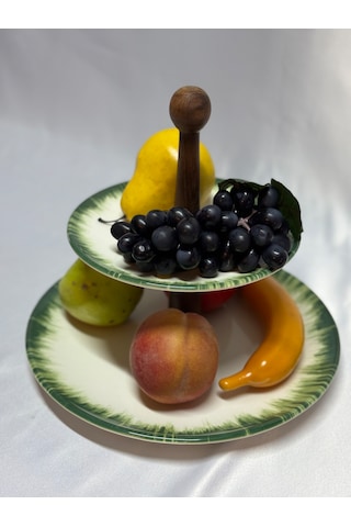 Aless 2 Katlı Yeşil Detaylı Yuvarlak Ahşap Kulplu Seramik Sunumlu