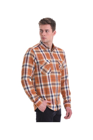 Hatemoğlu Turuncu Slim Fit Kareli 100% Pamuklu Düğmeli Yaka Uzun Kollu Cas Turuncu