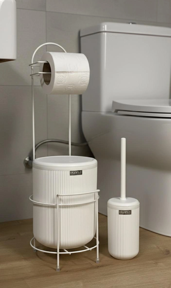 Okyanus Home Beyaz Stantlı Wc Kağıtlık Lineayuvarlak Çöp Kovası Ve Wc Fırça Seti Beyaz