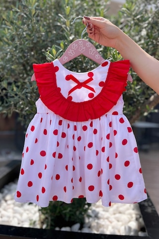 Kırmızı Fırfır Ve Benekli Beyaz Pamuklu Yazlık Elbise 001