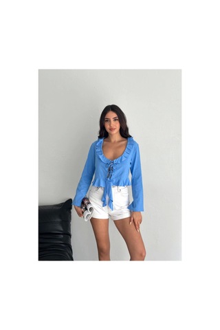 Butik İstanbul Keten Uzun Kol Bağacık Detaylı Bluz - Mavi