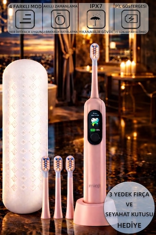 Mioji Oral B8 Care Şarj Edilebilir Diş Fırçası Pembe + 3 Yedek Başlık ve Taşıma Çantası