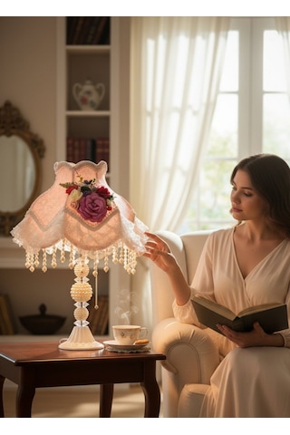 İpek Pudra Pembe Kadife Kumaş Gece Lambası Abajur Salon Ve Yatak Odası Dekorasyon Vintage Ab0014p
