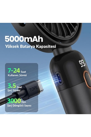 Warmco K70 Taşınabilir Şarjlı El Vantilatörü 2400mah 360 Döner Başlıklı Ve Standlı Dijital Ekranlı Soğutucu Fan Siyah