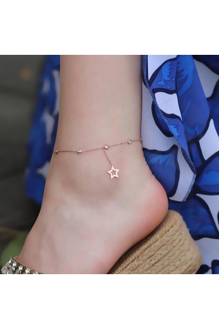 Yıldız Zirkon Taşlı Rose Gold Kaplama Gümüş Halhal Gümüş