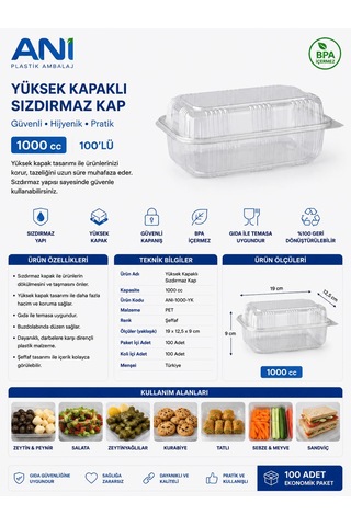Anı Yüksek Kapaklı Sızdırmaz Kap 1000 Cc 100'lü Ölçüleri: 19x12,5x9 Cm