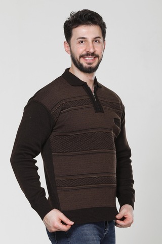 Kzc Tekstil Erkek Baba Orta Yaş Ve Üzeri Triko Örgü Akrilik Kışlık Regular Fit Cepli Fermuarlı Polo Yaka Kazak Kahverengi