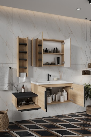 Banyo Zakkum 120 Cm Demonte Lavabolu Banyo Dolabı Dolaplı Aynalı Üst Dolap Havluluk Lefkas Meşe