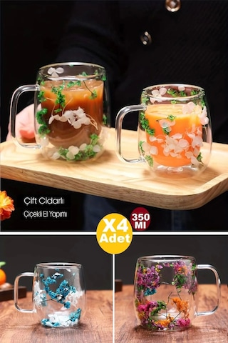 Çiçekli Bardak 4lü Çift Cidarlı Çiçekli Flower Cup Bardak 350 Ml El Yapımı Borosilikat Kulplu Kahve Çok Renkli