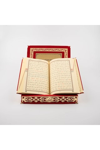 Raşel Kutulu Hediyelik Kuran-ı Kerim Orta Boy, Kırmızı, Elif-vav Gold Pleksi