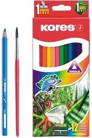 Kores Aquarel Boya Kalemi Kalemtraş + Fırça 12'li Çok Renkli