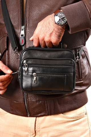 Erkek Siyah Yatay Model Çelik Kasalı Hakiki Deri El Ve Omuz Çantası Orta Boy Siyah