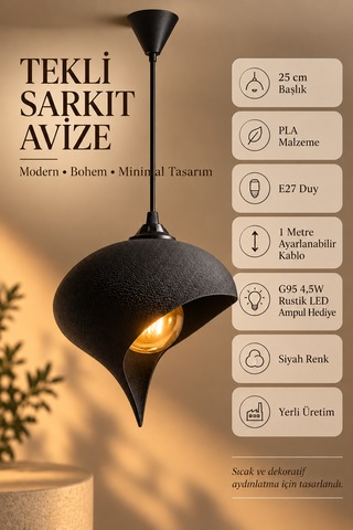 Beton Görünümlü Tekli Sarkıt Avize Asimetrik Damla Modern Bohem E27 G95 Rustik Led Ampul Hediyeli Siyah