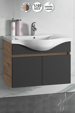 80 Cm Atlantik Çam-Antrasit Gri Mat Mdf Lavabolu Banyo Alt Dolabı Antrasit - Atlantik Çam
