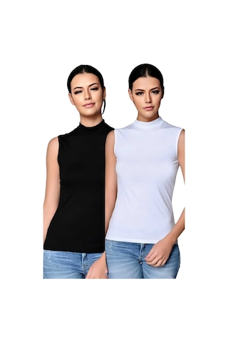 Uniquetrenders Kadın Sıfır Kollu Boğazlı Pamuklu Atlet 2'li Set Siyah - Beyaz