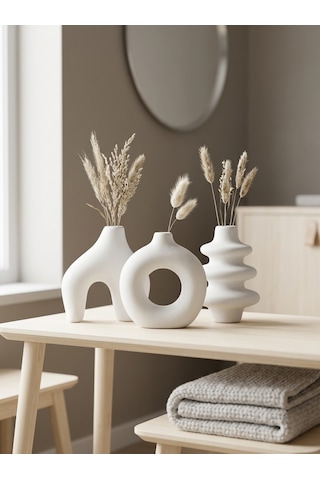 Kaveld Trio Forma El Yapımı 3'lü Dekoratif Vazo Seti, Kemer + Yığma Halka + Donut Form Mermer Tozu & Beton Minimalist Kuru Çiçek Vazosu Beyaz