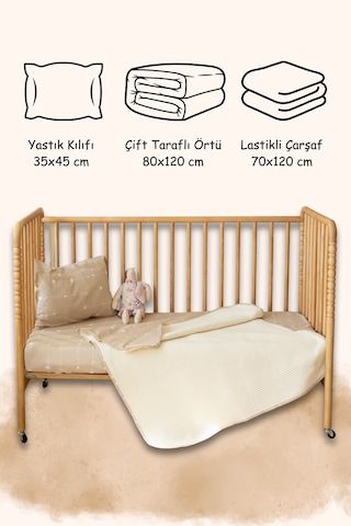 Esti Baby Bebek & Çocuk Uyku Seti 3'lü Pike Takımı 70x120 CM Lastikli Çarşaf - Örtü - Yastık Kılıfı