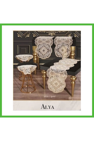 Vaveni Salon Takımı 5 Parça Dantelli Masa Örtüsü Runner Seti Alya Model No124 - Gold Arz
