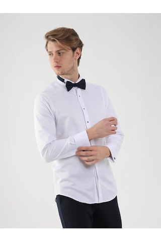 Dufy Beyaz Erkek Slim Fit Ata Yaka Duble Manşetli Kol Gömlek - 94408 Beyaz