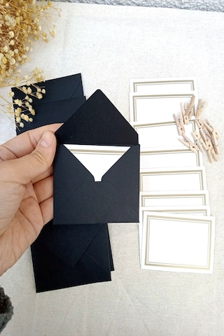 Siyah 5 Adet Mandallı Zarflı Not Kartı Seti- Hediye Kartı - Tebri