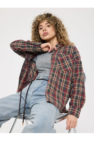 Uzun, Oversize Kareli Gömlek 377355034 Sivri Mor Melanj