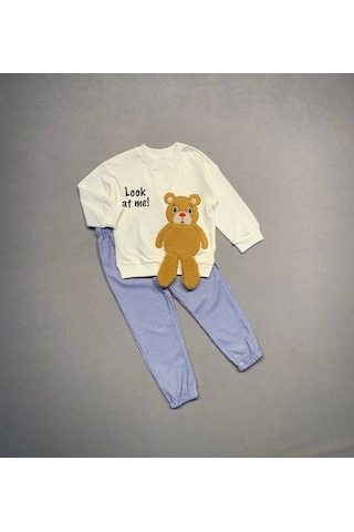 2-3-4 Yaş Ayıcık Sallanan Ayak Desenli Likra Penye Kumaş Sweat Pantolonlu Kız Erkek 2li Çocuk Takımı Ekru