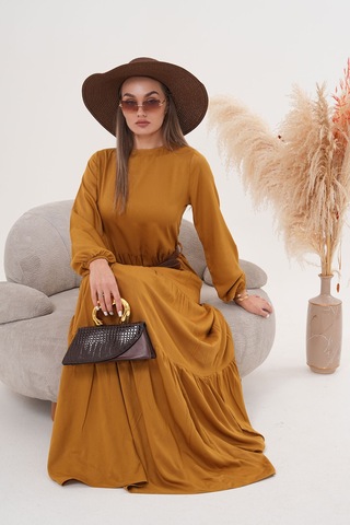 Polologin Butik Kemer Detaylı Kat Kat Hardal Uzun Elbise Sarı