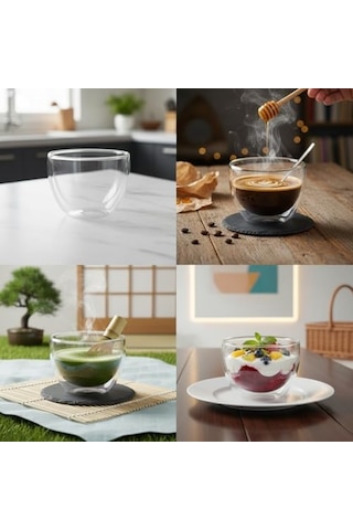1 Adet Çift Cidarlı Borosilikat Cam Kase 250 Ml - Isı Yalıtımlı, El Yakmayan Şeffaf Servis Kasesi 9x7.5 Cm Tatlı, Yoğurt, Çorba Kasesi Açık Bej