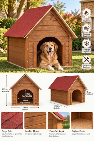 Reyo Büyük Boy Köpek Kulübesi, Lambiri Ahşap Şıngıl Kırmızı Çatılı Soğuk ve Rüzgara Dayanıklı Köpek Evi Demonte 100 x 100 x 78 CM