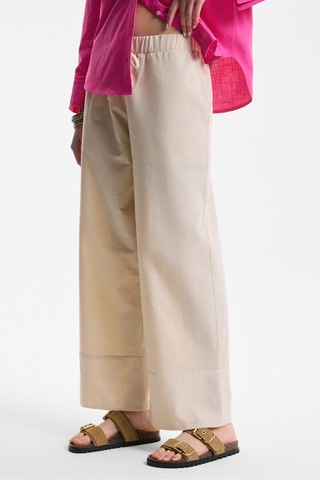 MELANCHOLI Kadın %100 Pamuk Keten Görünümlü Yüksek Bel Lastikli Bel Bej Pantolon