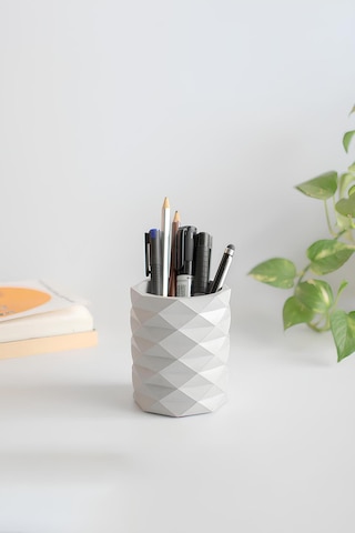 Dekoratif Geometrik Kalemlik Modern Beton Organizer Vazo Saksı Diş Fırçalık Ofis Düzenleyici Beyaz