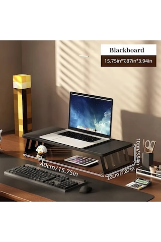 Motion003 Ergonomik Ahşap Monitör Standı Yükseltici Siyah Raf Yazı Tahtası 40 Cm Büyük Çift Ekran Masa Rafı Ofis Ev Çalışma Alanı İçin