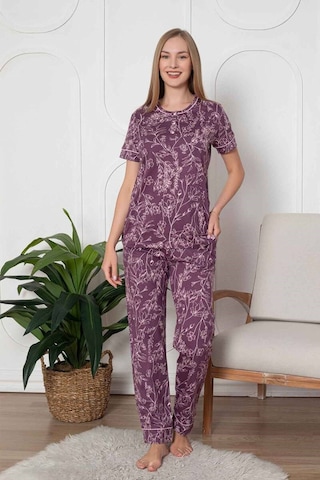 Kadın Çiçek Desen Bisiklet Yaka 3 Düğmeli Kısa Kol Cepli Pijama Takımı Mor