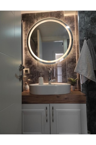 Nuun Dekor 60cm Günışığı Ledli Kumlamalı Banyo Lavabo Ofis Makyaj Kuaför Aynası - Trafolu Ahşap