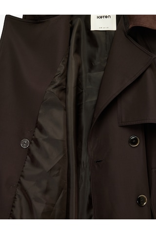 Koton Uzun Kollu Yakası Süet Görünümlü Kemerli Kruvaze Oversize Gabardin Trençkot Kahverengi 6sak00002pw Kahve