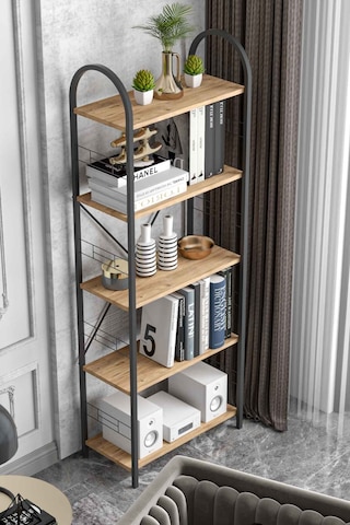 Reyo Falez 5 Geniş Raflı Kitaplık Metal Çerçeveli Modern Raf Çalışma Odası Ofis Salon Kitaplığı Evrak Rafı 180 Cm Atlantik Çam Beyaz