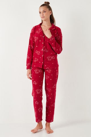 Lela Standart Fit Düğmeli Polarlı Bayan Pijama Takımı 6095616 Kırmızı
