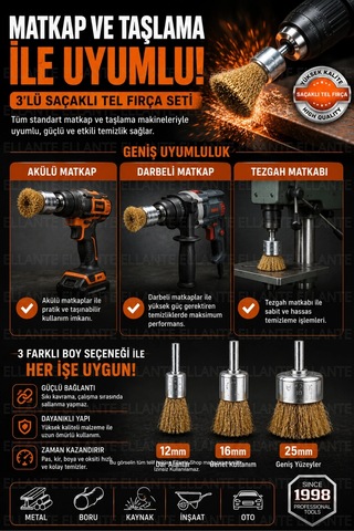 Tel Fırça Seti 3'lü Matkap Uyumlu Tel Fırça Aparatı 12mm 16mm 25mm Pas Boya Oksit Kaynak Temizleme F