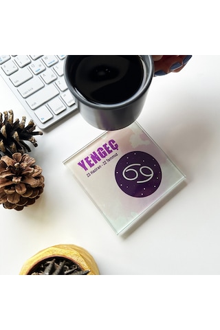 Cam Bardak Altlığı Burçlar - Yengeç Burcu 4'lü Takım Beyaz