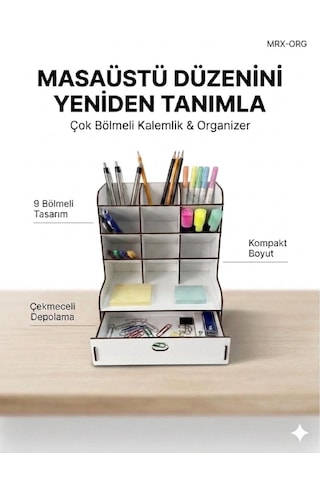 Mrx-org Masaüstü Organizer 9 Bölmeli Kalemlik, Çekmeceli Masa Düzenleyici, Ahşap Ofis Organizer Beyaz