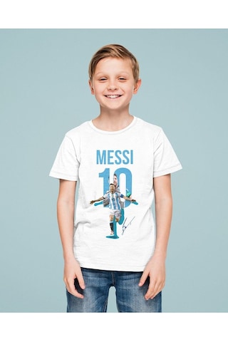 Sevbano Messi 10 Baskılı Unisex Futbolcu Çocuk Tişört 1-12 Yaş Beyaz