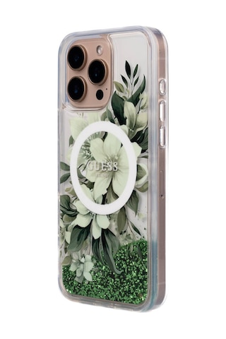 Apple iPhone 16 Pro Max Uyumlu Kılıf Guess Lisanslı Magsafe Özellik Sıvılı Simli Çiçek Desen Yeşil