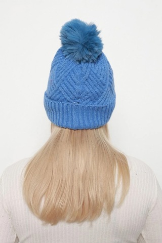 Kalın Ponponlu İçi Yünlü Kadın Bere Rkş-17 Mavi Mavi