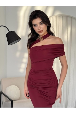 Dogutrend Reta Çapraz Omuz Elbise Bordo