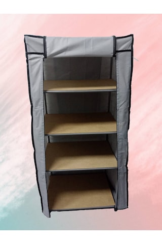 Çelik Borulu 4 Bölmeli Tahta Raflı Çok Amaçlı Portatif Gardırop Gri